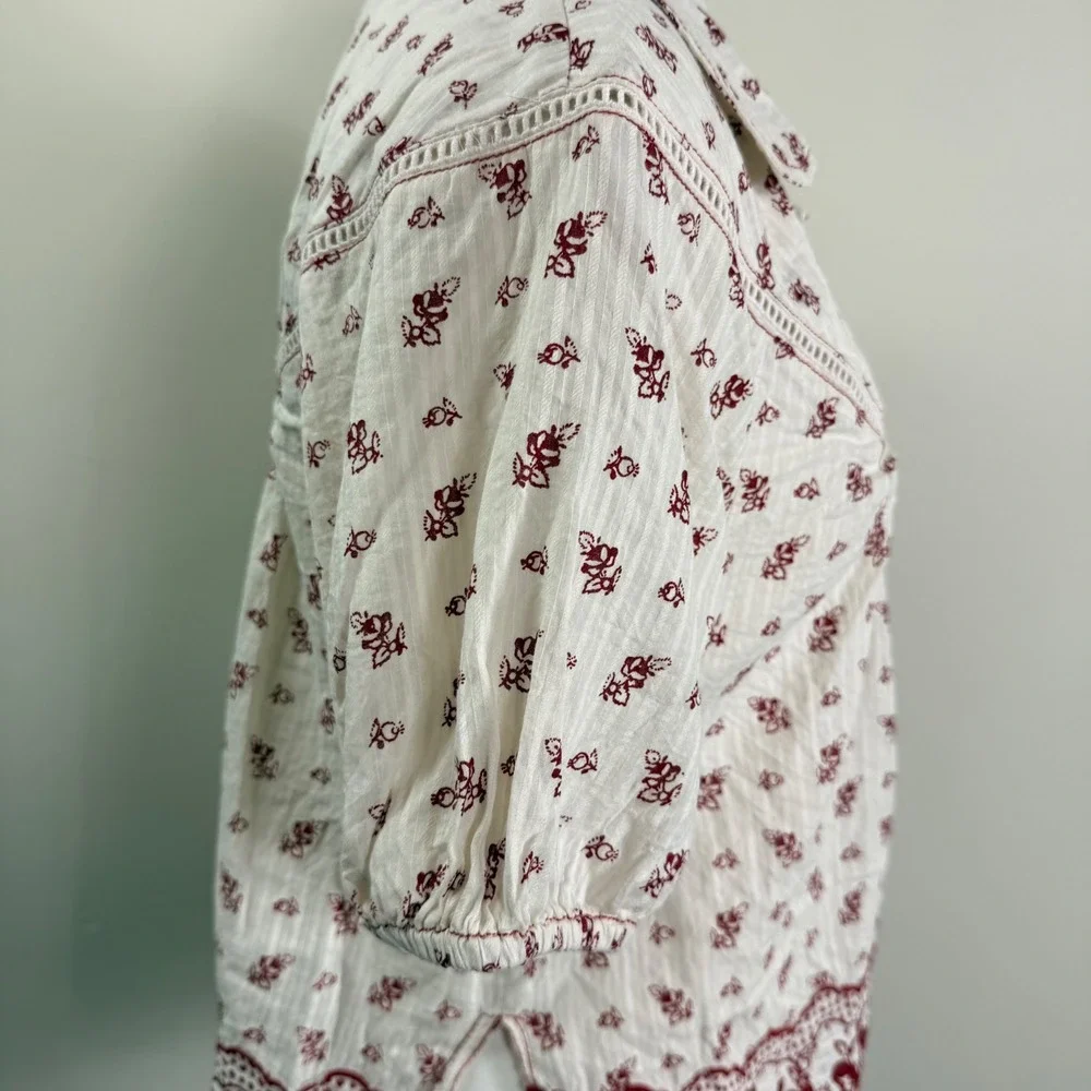 Anthropologie Floral Block Print Boho Blouse Red Cream Lace Trim Puff Sleeve M
